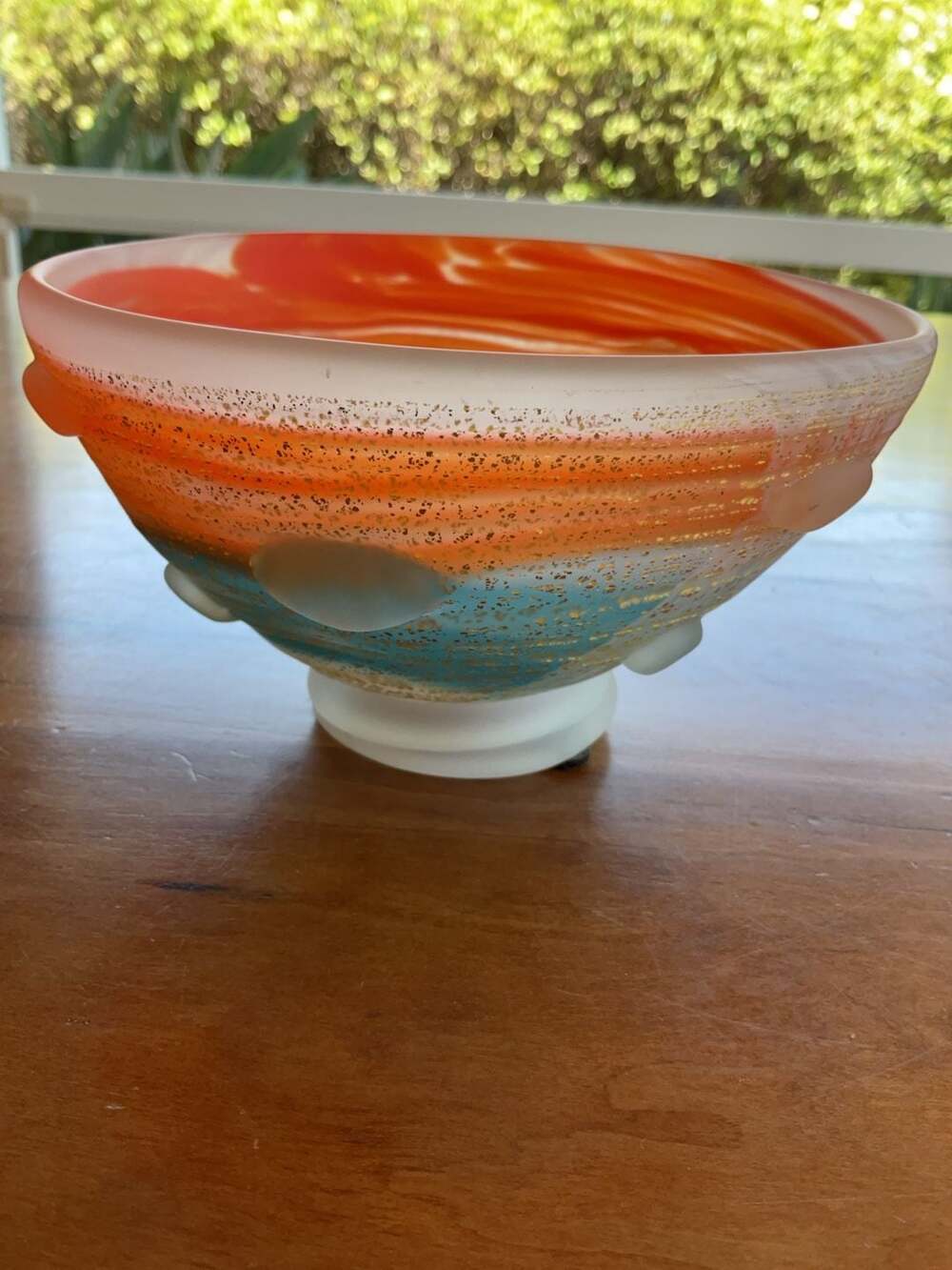 Art‎ Glass Studio Bowl Orange and Blue Swirl with Gold Flecks